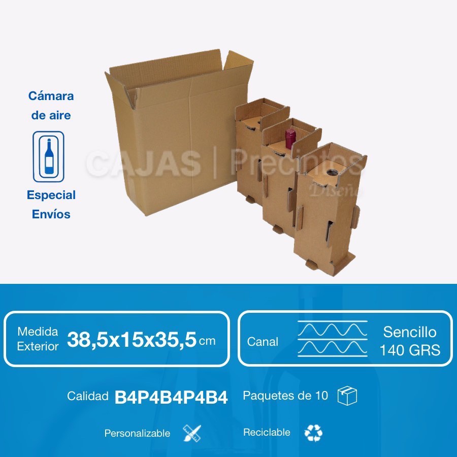 Caja Cartón para envío 38,5 x 15 x 35,5 cm 3 Botellas Vino (75 cl.) +  Protector para Envío - Cajas y Precintos